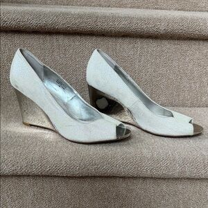 Glint Leather Cream and Silver Wedge Shoes